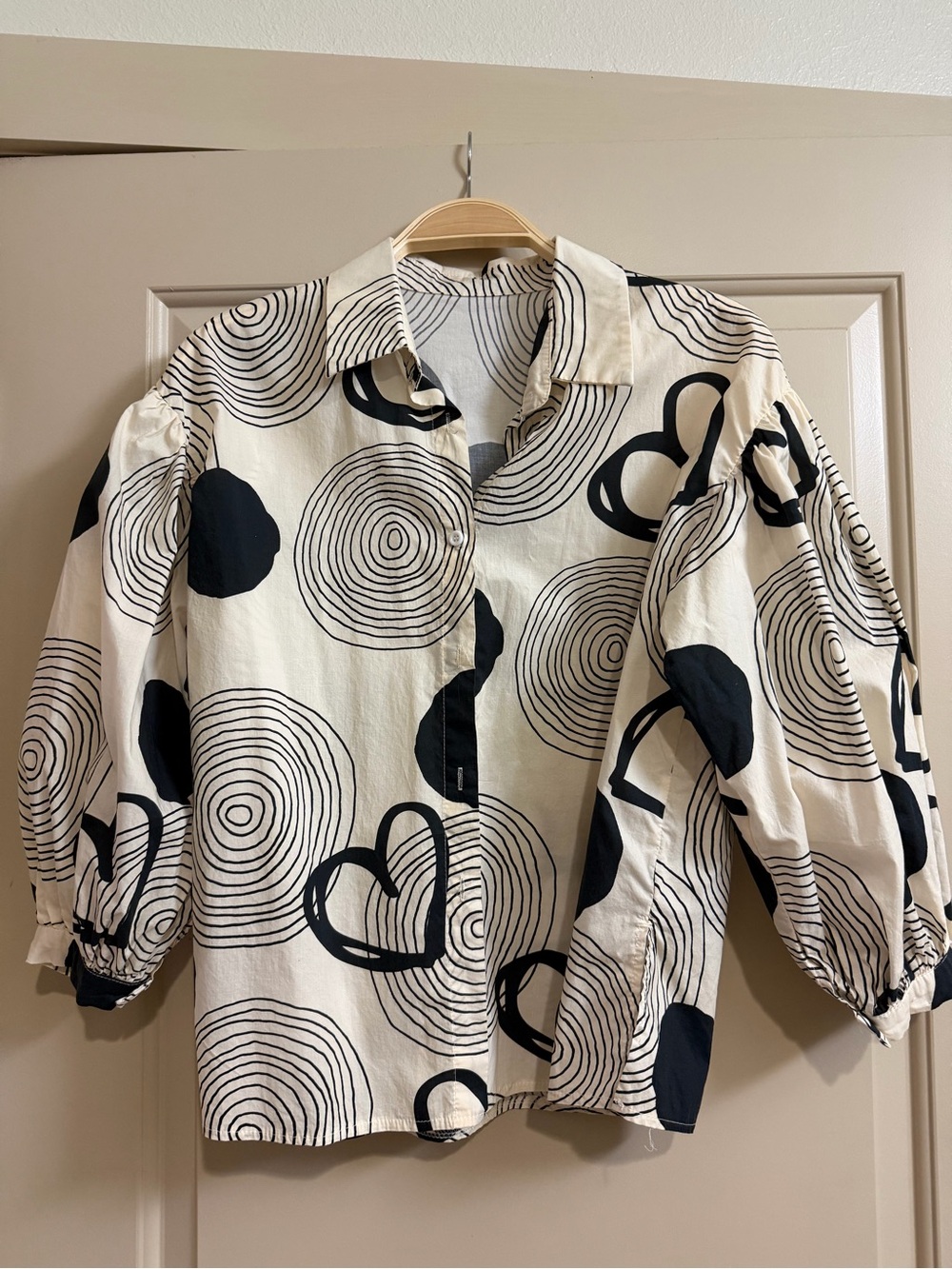 Cream Button-Down Shirt with Black Heart & Circular Print